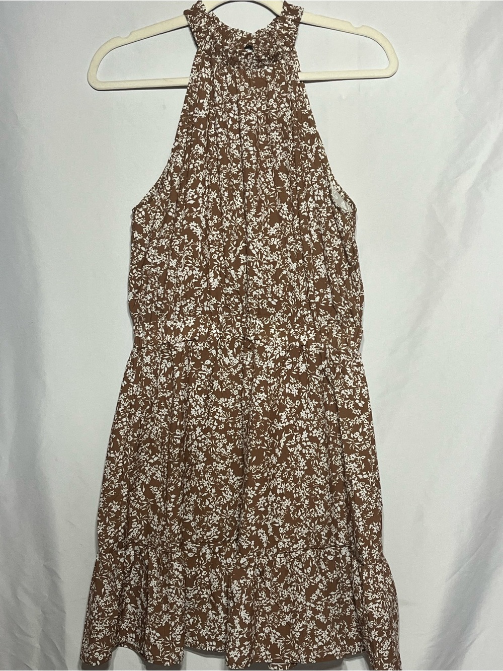 Women’s Medium Brown/White Floral Sleeveless Synched Waist Halter Mini Dress
